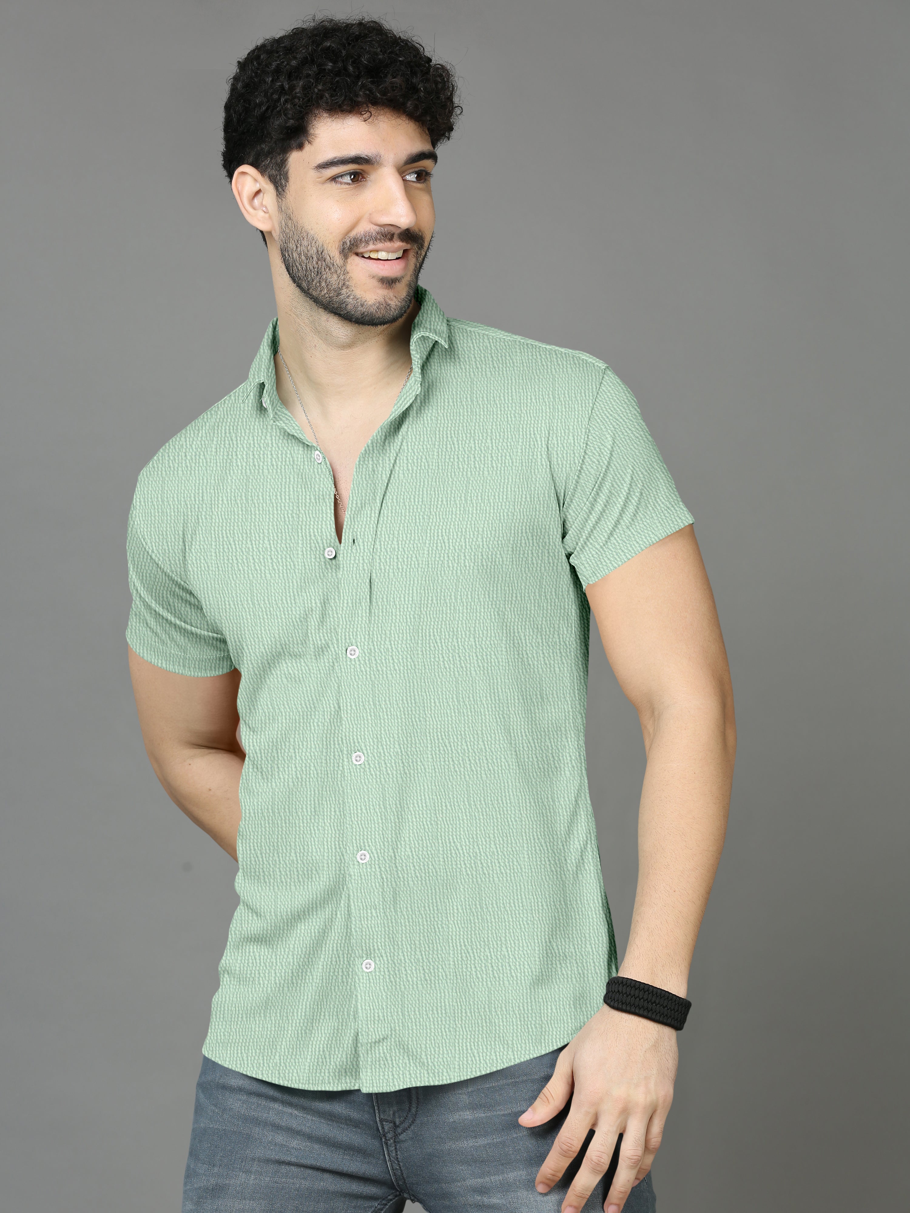 Olive Green Textured Style Shirt For Men