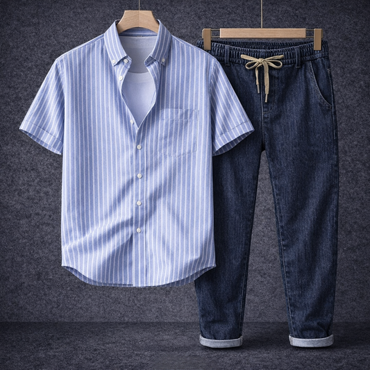 Verdant Drift Stripe Shirt & Denim Set