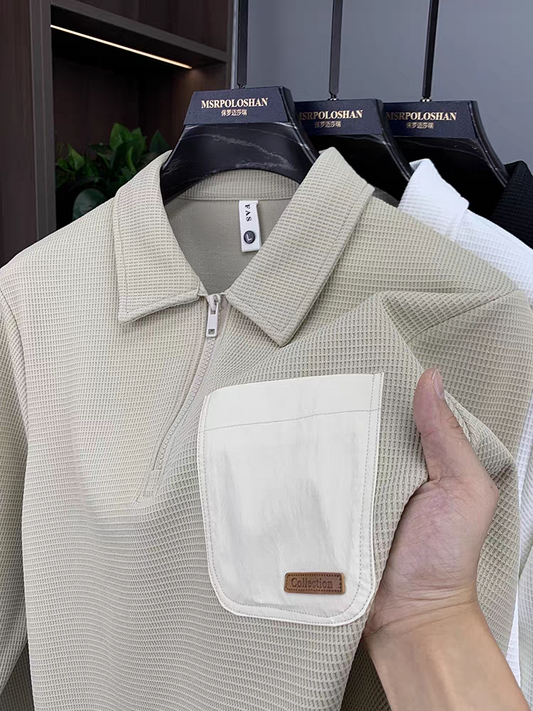 Grid Textured Zip Polo T-Shirt